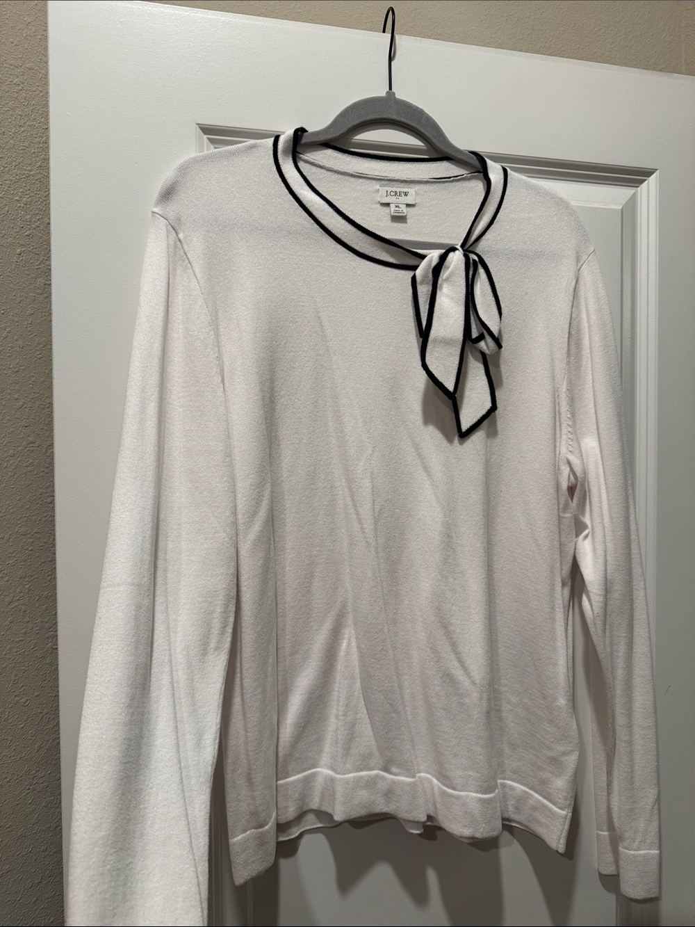 J. Crew White Long-Sleeve Sweater with Black-Trim Tie Neck